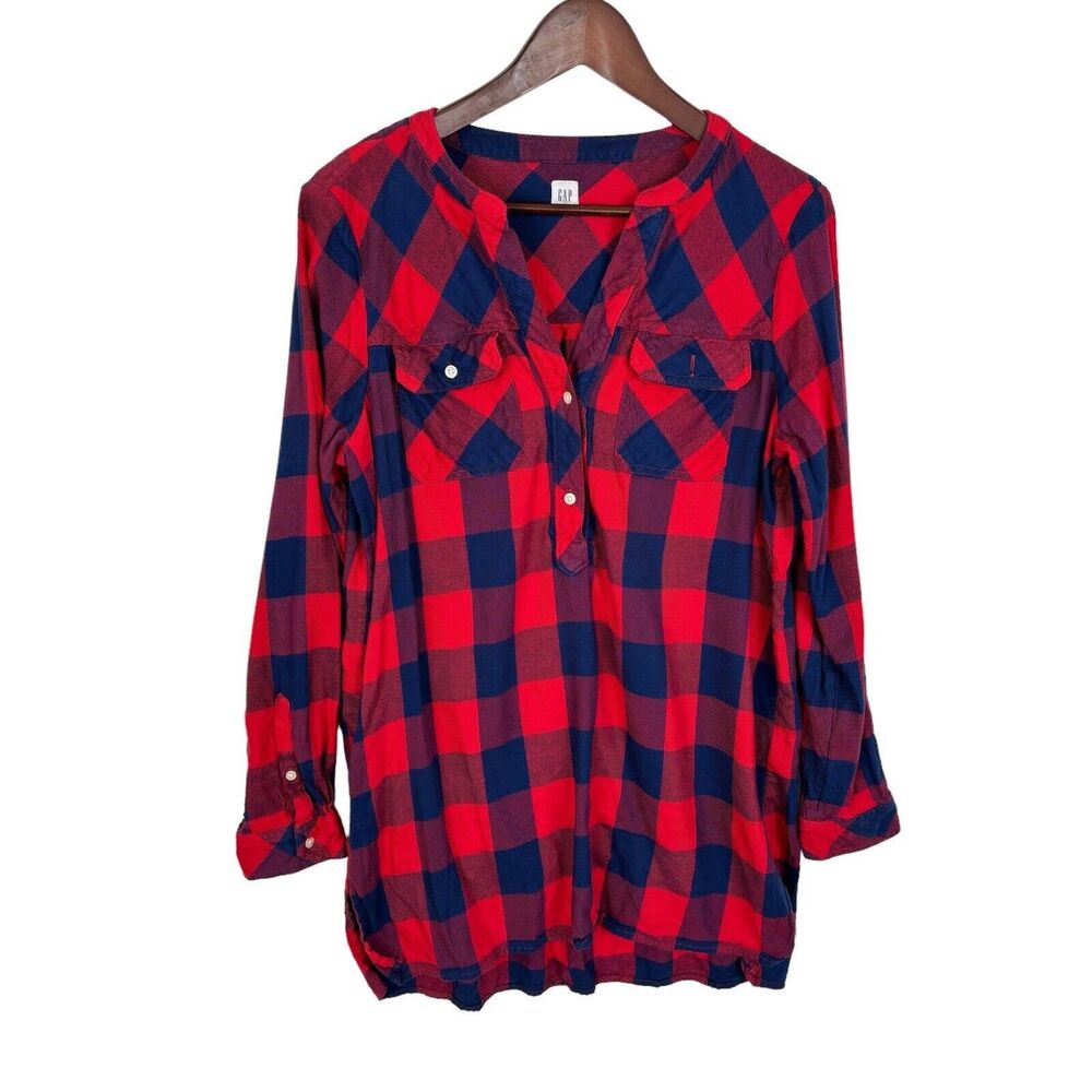 Gap Buffalo Check Red Navy Plaid Tunic Long Sleeve Top Women's Medium